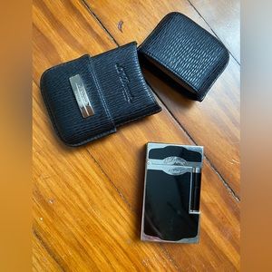 Sterling and enamel Dupont lighter with leather case